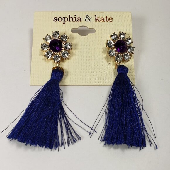 Gold-tone Clear and Purple Crystal Drop Dangle Blue Tassel Earrings - Picture 9 of 9
